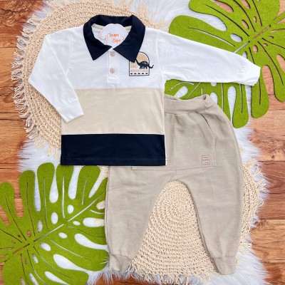 Conj. Camisa Dino Adventurer Gola Polo e Calça de Moletinho - Areia e Off White